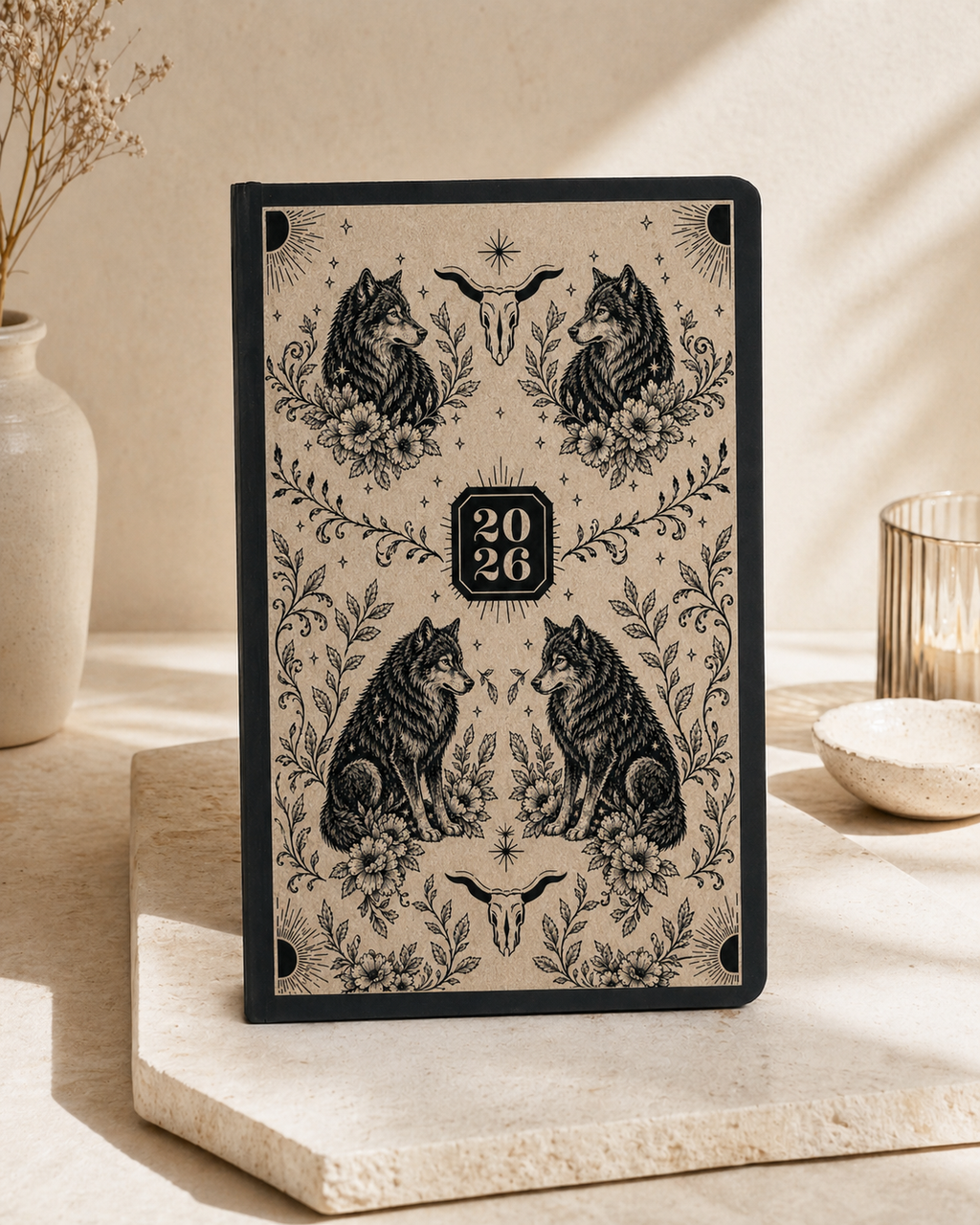 Custom Engraved Journal – Black Cat Floral Design, Personalized Notebook