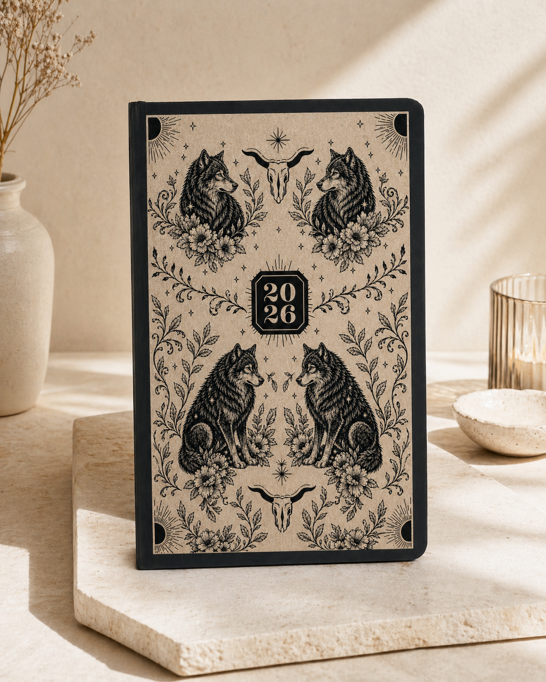 Custom Engraved Journal – Black Cat Floral Design, Personalized Notebook