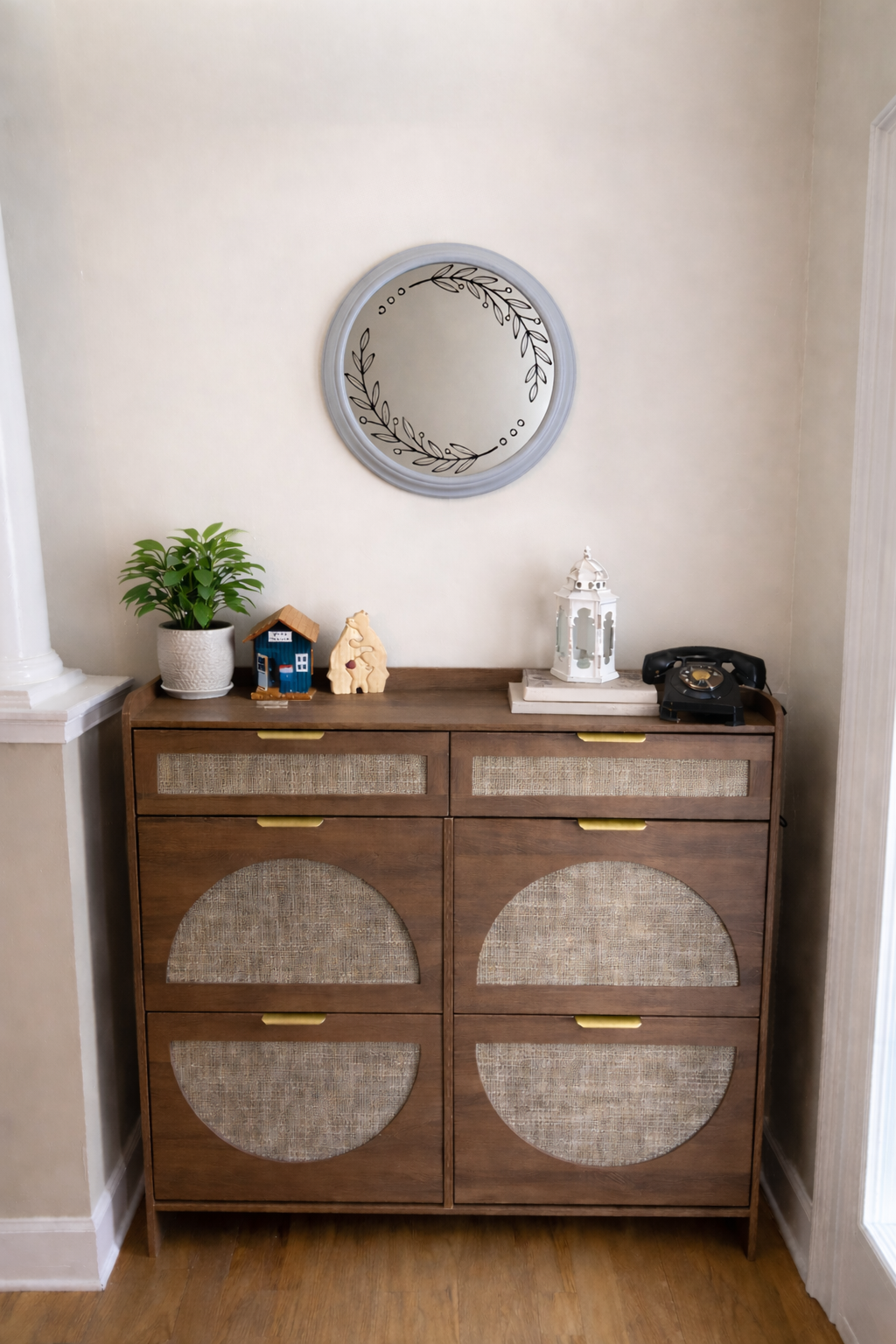 Personalized Engraved Round Mirror – 16" Custom Wall Mirror – Rustic Faux Wood Frame