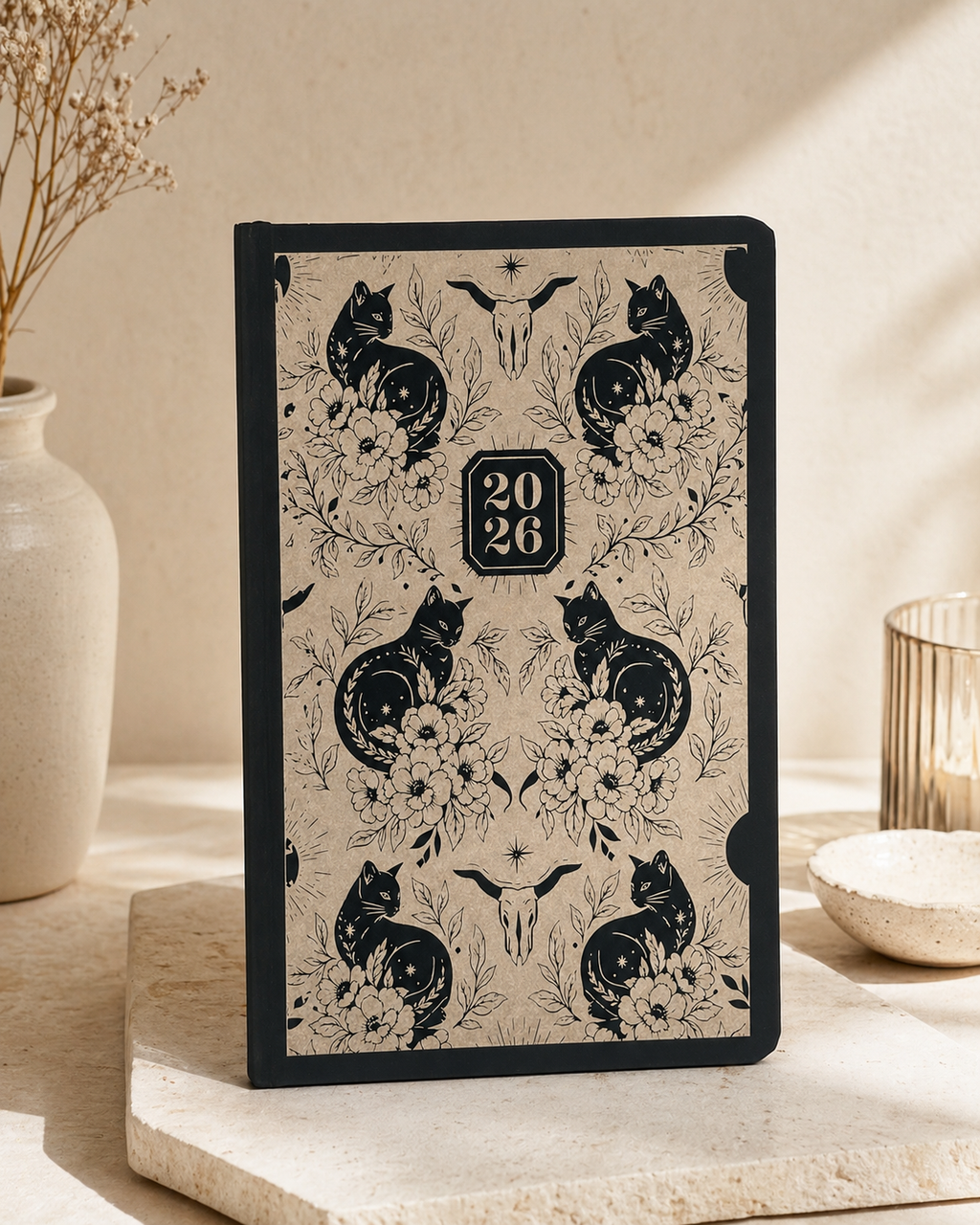 Custom Engraved Journal – Black Cat Floral Design, Personalized Notebook