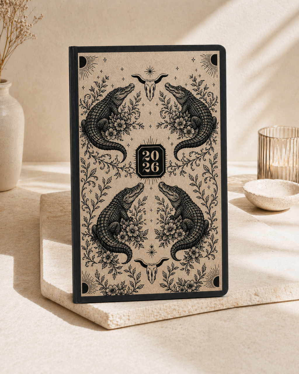 Custom Engraved Journal – Black Cat Floral Design, Personalized Notebook